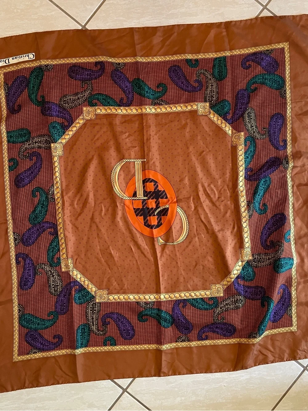 Dior Brown Orange Purple Teal Paisley Logo Silk Scarf